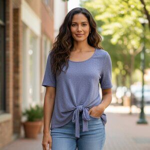 J. Jill Pure Jill Blue Linen Blend Short Sleeve Tie Front Top, Size Large